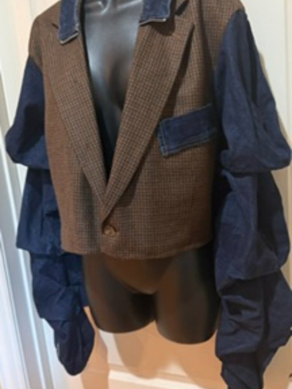 Upcycled puff denim sleeve and brown crop blazer size XL